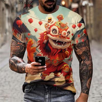 Men's T-Shirt 3D Dragon and Lion Print Novel Chinese T-Shirt Fashion T-Shirt Man Every Day Outdoor Street Oversized T-Shirts