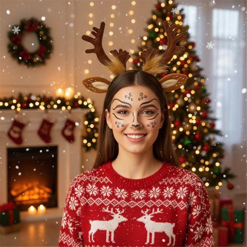Festive Reindeer Antler Headband Set Includes Decorative Stickers Comfortable Cloth For Kids Adults Christmas Event