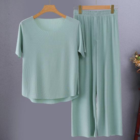 2Pcs/Set Women Pajamas Seamless Ice Silk Round Neck Short Sleeve Solid Color Elastic Waist Wide Leg Loose Soft Breathable Homewear Top Pants Set