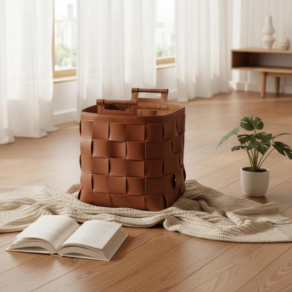 Cesto in PU Tessuto Design Elegante Contenitore con Manici in Legno