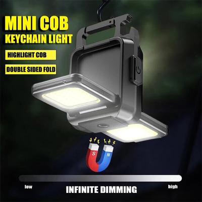 Mini-LED-Schlüsselanhänger, tragbare Beleuchtung, doppelte COB-Lichter, eingebauter Akku, Typ C, wiederaufladbar, um 90 ° faltbar, Outdoor-Camping-Laterne