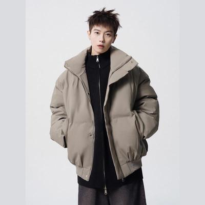 Brown Winter Slim-Fit American Style Down Cotton Jacket with PU Leather for Men