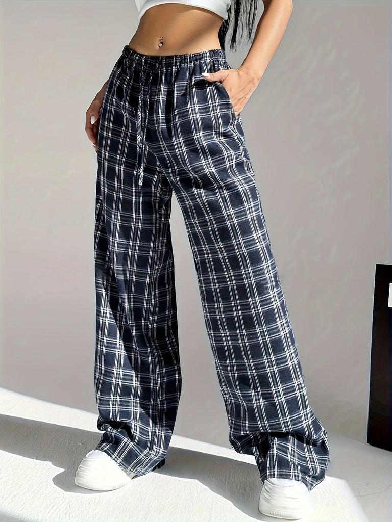 2024 Autumn/Winter Women's High-Waisted Plaid Wide-Leg Pants - Perfect for Back-to-School, Christmas, and Daily Wear