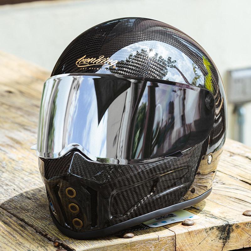IRONKING Tough Guy Carbon Fiber 4-Season Racing Helmet, 3C Certified Anti-Fog Retro Full Face for Men.
