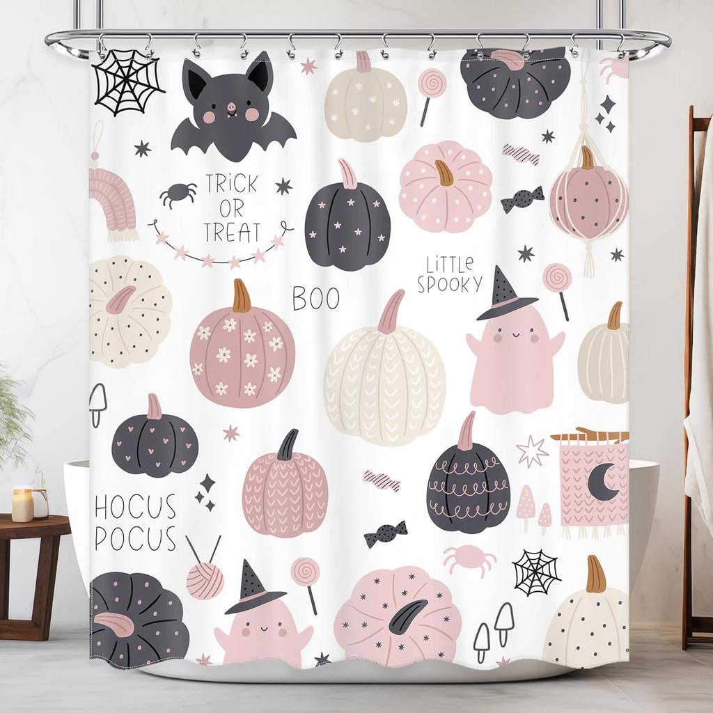 Halloween Duschvorhang Kinder Retro Lustig Geist Cartoon Niedlich 70er Y2k Herbst Kürbisse Blume Duschvorhang Badezimmer Set