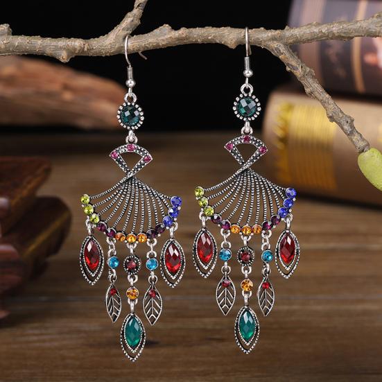 1 Pair Dangle Earrings Bohemian Retro Ethnic Style Long Tassel All-match Decoration Faux Crystal Women Hollow Fan-shaped Drop Earrings