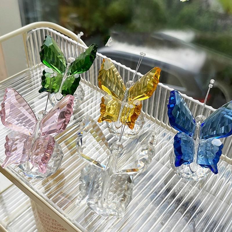 Crystal Butterfly Figurines with Glass Ball Base Glass Butterfly Statues Crystal Animal Figurine for Home Ornament Decor