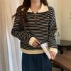 women half-zip striped sweatshirt polo collar long sleeve casual loose fit pullover top