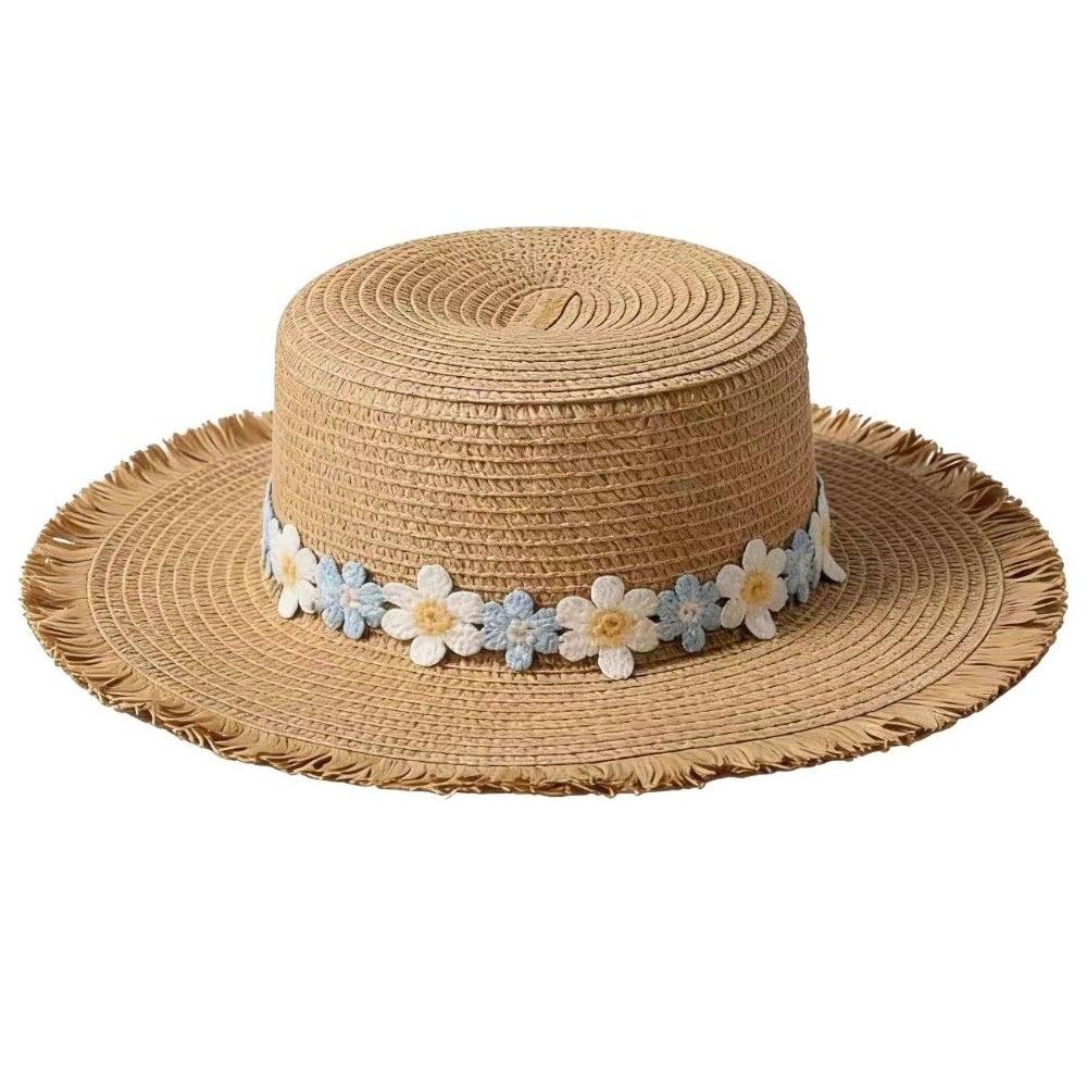 

Wide Brim Flower Straw Hat Flat Top Visor Cap Fashion Sunscreen Sun Hat Women хаки