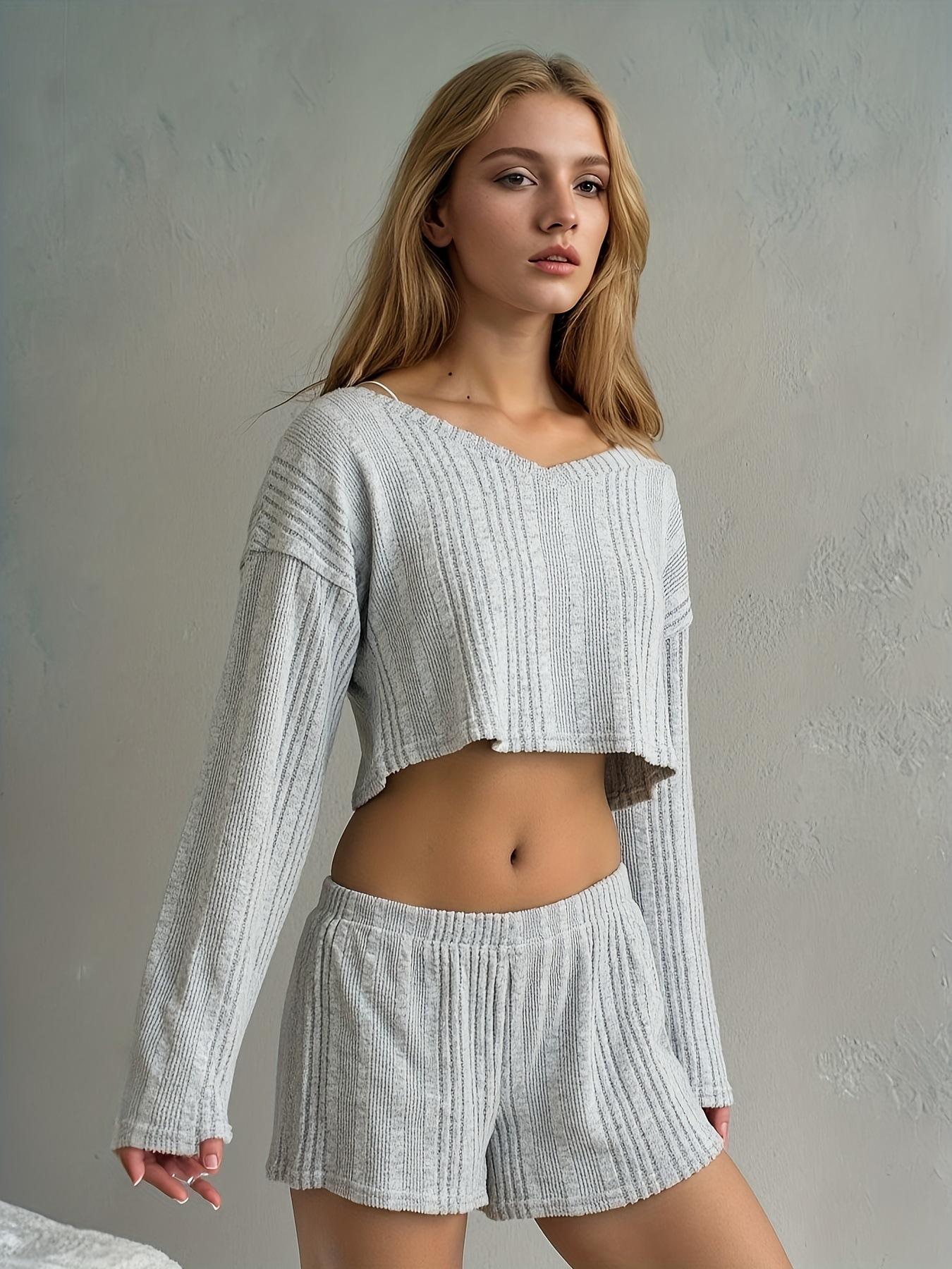 

European and American V-Neck Women s Fleece Pajama Set, Ribbed Long Sleeve and Pants, Warm Homewear for 2025. XX-Large світло-сірий колір