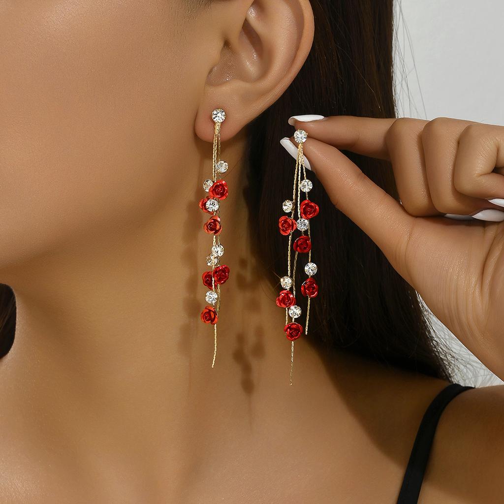 2pcs Retro Style Long Style Diamond Inlaid Rose Earrings For Women's Daily Dating Accessories