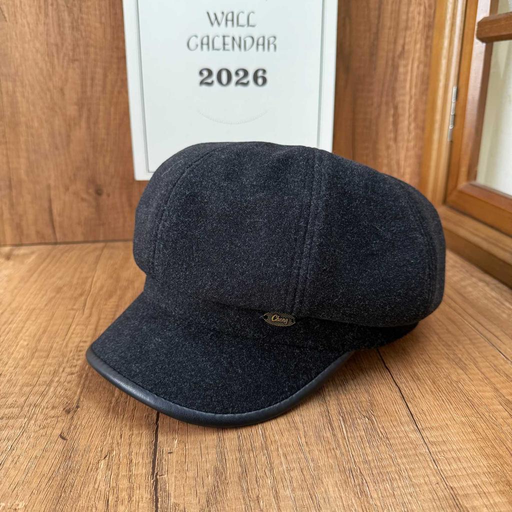 Autumn and winter versatile British style beret women's thickened woolen octagonal hat leather brim metal embellishment label newsboy hat