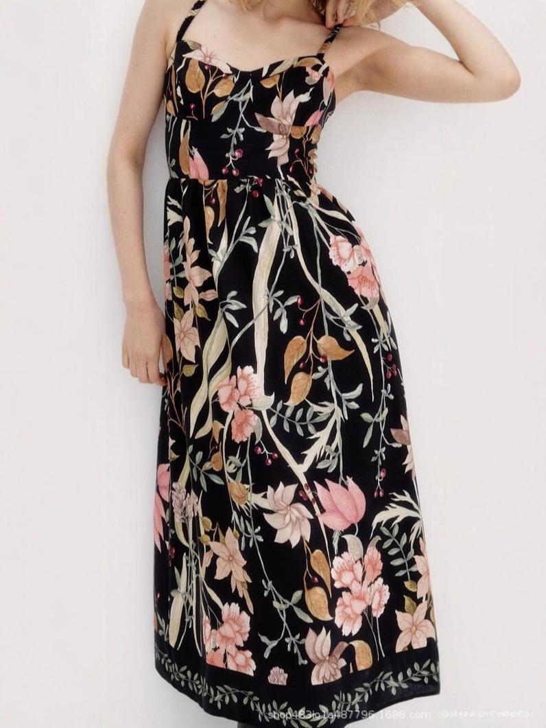 

Floral Sling Midi Dress - Women s European & American Style, 2025 Collection Small чорний