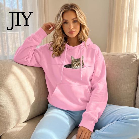 Casual Pullover Top Women Hoodie with Pet Pouch, Solid Color Hooded Sweatshirt Kangaroo Cat Pouch Pocket Pocket, for Carrying Small Dogs Cats