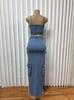 Trendy Sexy Denim Set: Zipper Spaghetti Strap Top & Split Long Skirt with Pockets
