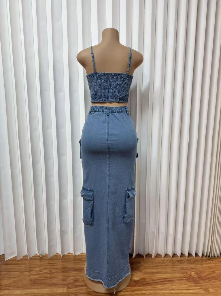 Trendy Sexy Denim Set: Zipper Spaghetti Strap Top & Split Long Skirt with Pockets