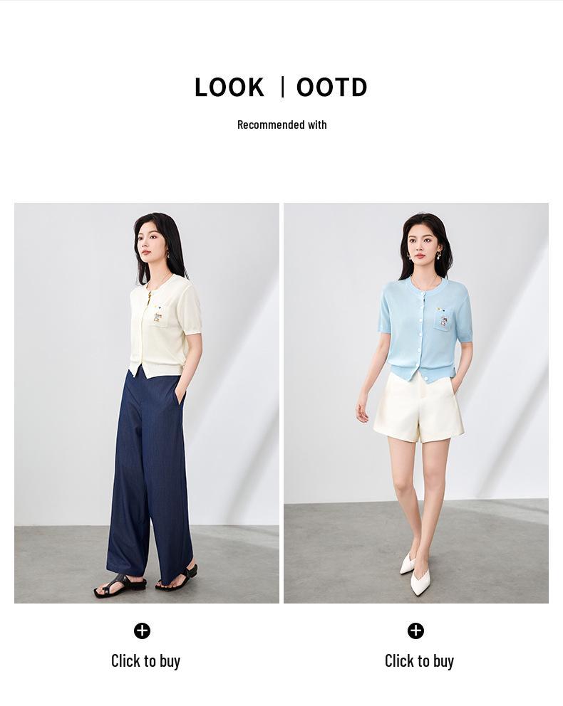 French Fun Little Rabbit Embroidery Knitted Tencel Cardigan - Women's Casual Short Sleeve Top