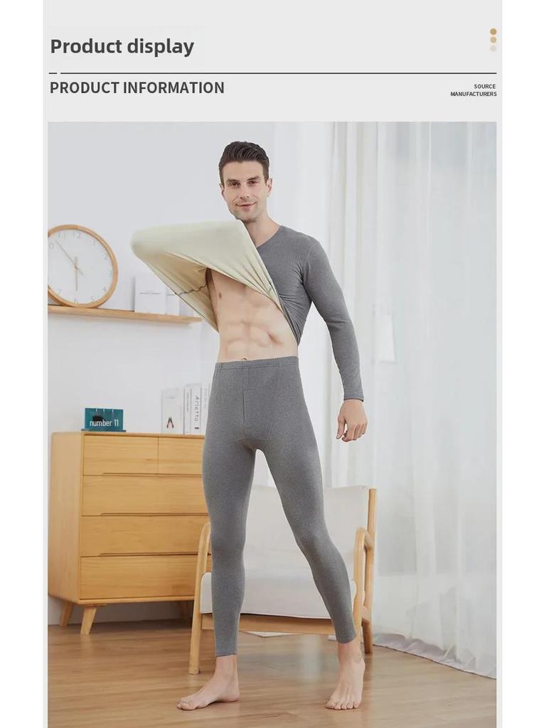 Men's Two-Color German Velvet Warm Suit: No-Pill V-Neck/Round Neck Top & Bottom Set for Autumn/Winter.