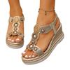 Women's Wide Width Bohemian Sandals, Rhinestone Embellished Wedge Heels, Open-Toe Beach Shoes for Women