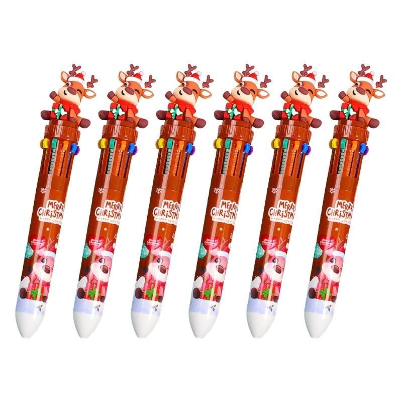 W89C 6x Multicolor Ballpoint Pen 10 in 1 Cartoon Christmas Ballpoint Pen for Party