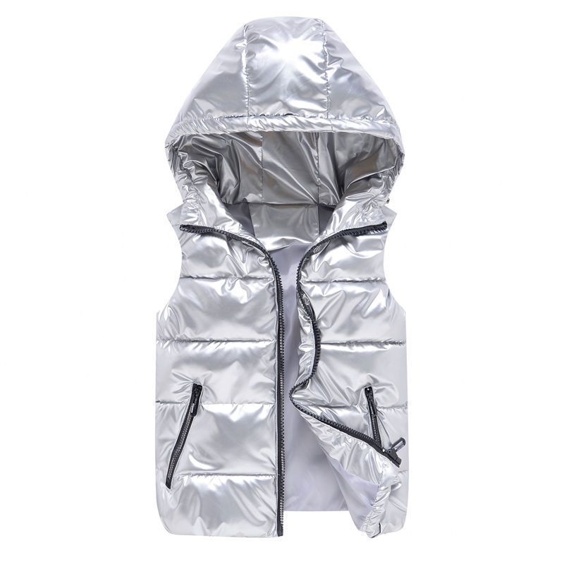 Glossy Sleeveless Puffer Jacket  Autumn and Winter New Padded Vest Short Cotton Waistcoat Jacket Hooded Vest