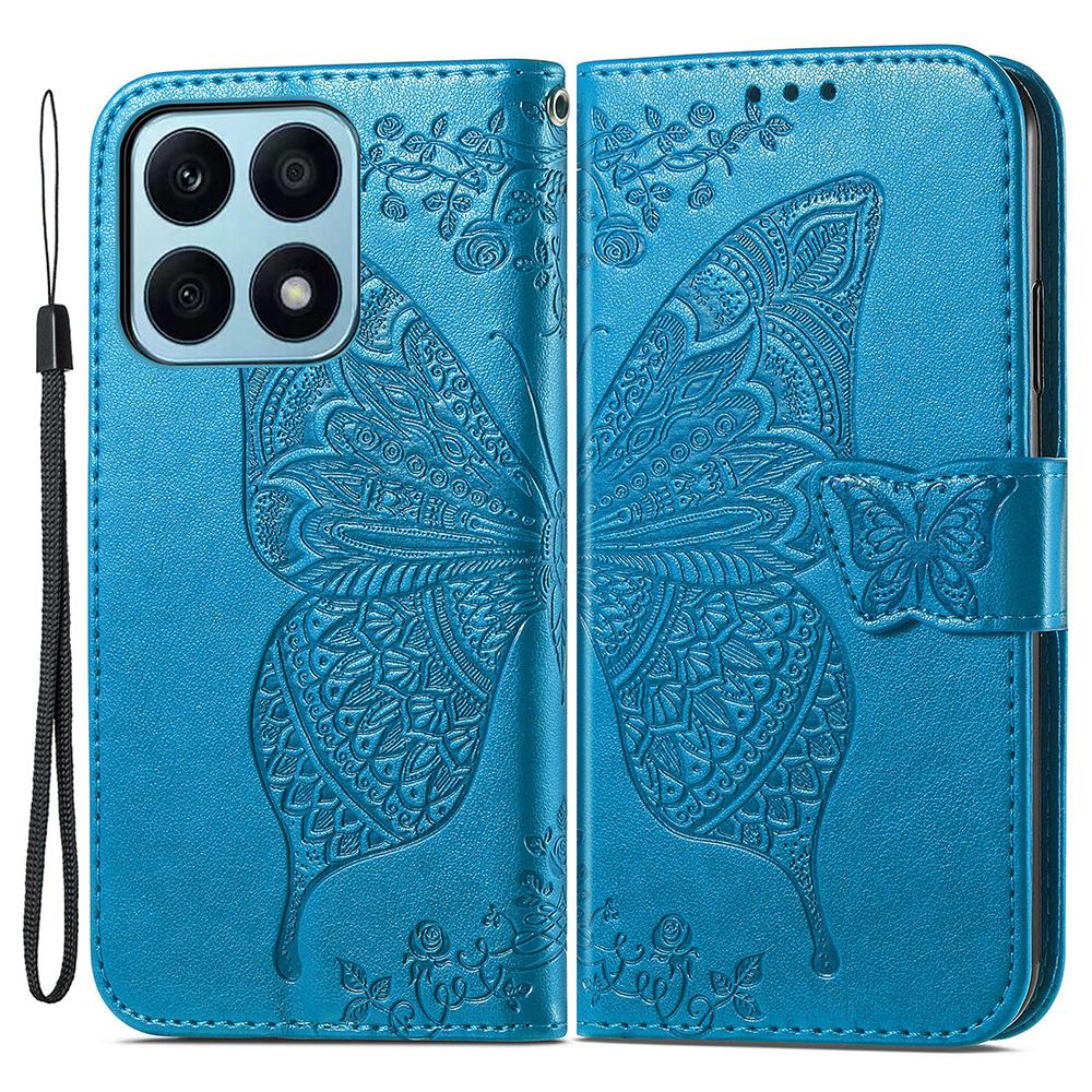 

Для Honor X8a 4G Чехол из ПУ кожи для телефона Подставка Кошелек С тиснением бабочки Откидная крышка Blue