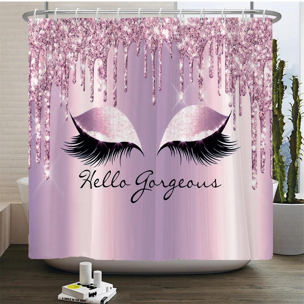 

Girly Rose Gold Eyelash Makeup Shower Curtain Bath Curtain Set Spark Rose Drip Bathroom Curtain Eye Lash Beauty Salon Home Decor W60H190(CM)-1 Pcs