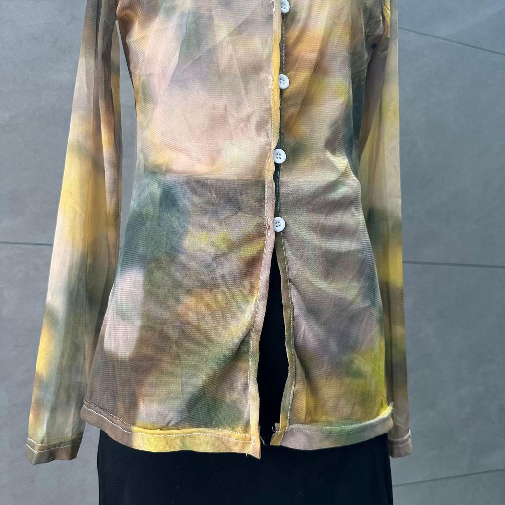 Chic Retro Tie-Dye V-Neck Mesh Sun Protection Cardigan with Stylish Long Sleeves