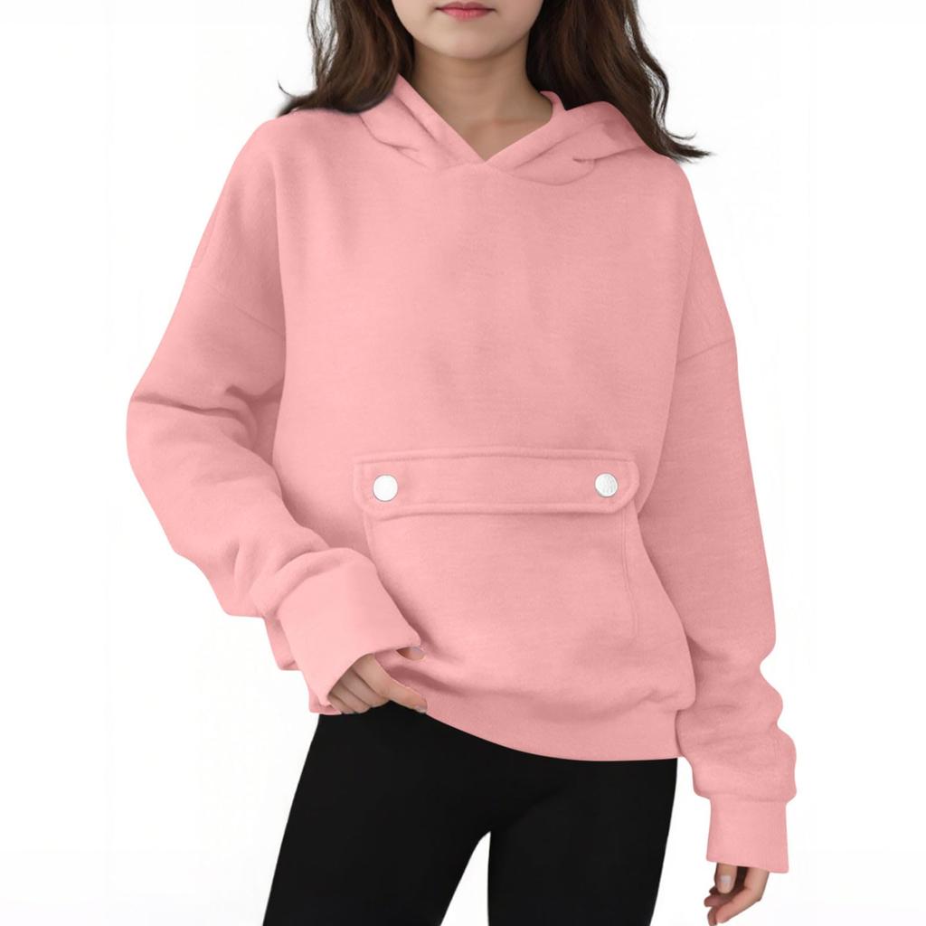 Children's Oversized Pullover Long-Sleeve Hooded Sweatshirt With Button Pockets In Solid Color