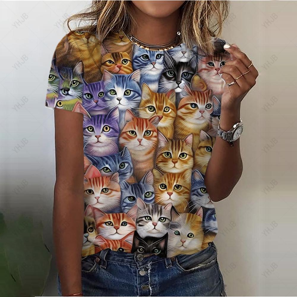 Sommer Rundhals 3D Katzenprint Top Modische Lässige Kurzarm Damen T-Shirts