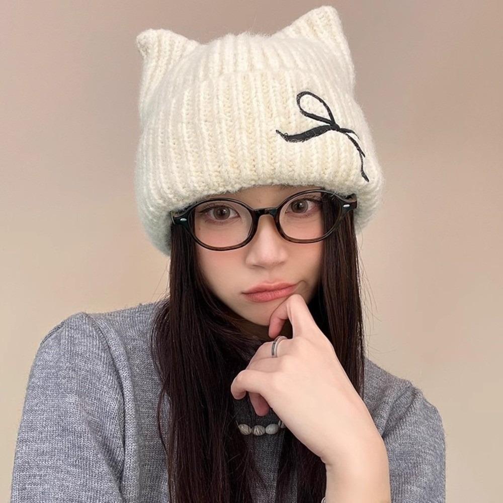 Solid Color Cat Ear Beanie Thickened Knitted Skullies Soft Knitted Woolen Hat  Autumn