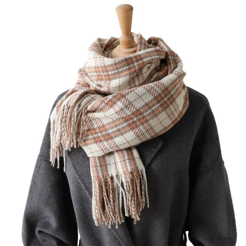 Cachecol Lenço Quente e Frio de Imitação de Caxemira Moda Outono e Inverno High-End Xadrez Elegante Versátil Cachecol com Franjas