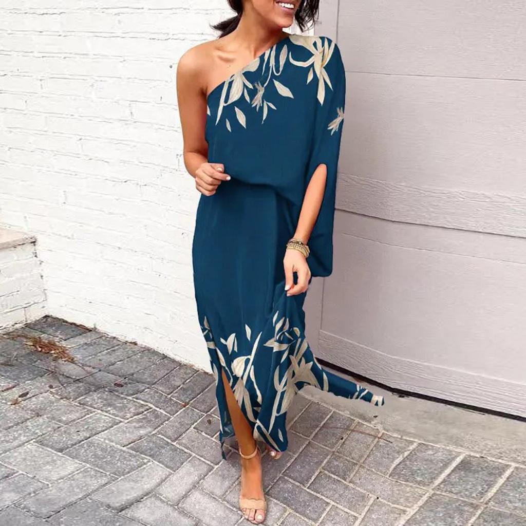 Women's Fashion Sexy One Shoulder Slit Hem Floral Short Sleeve Loose Casual Dress