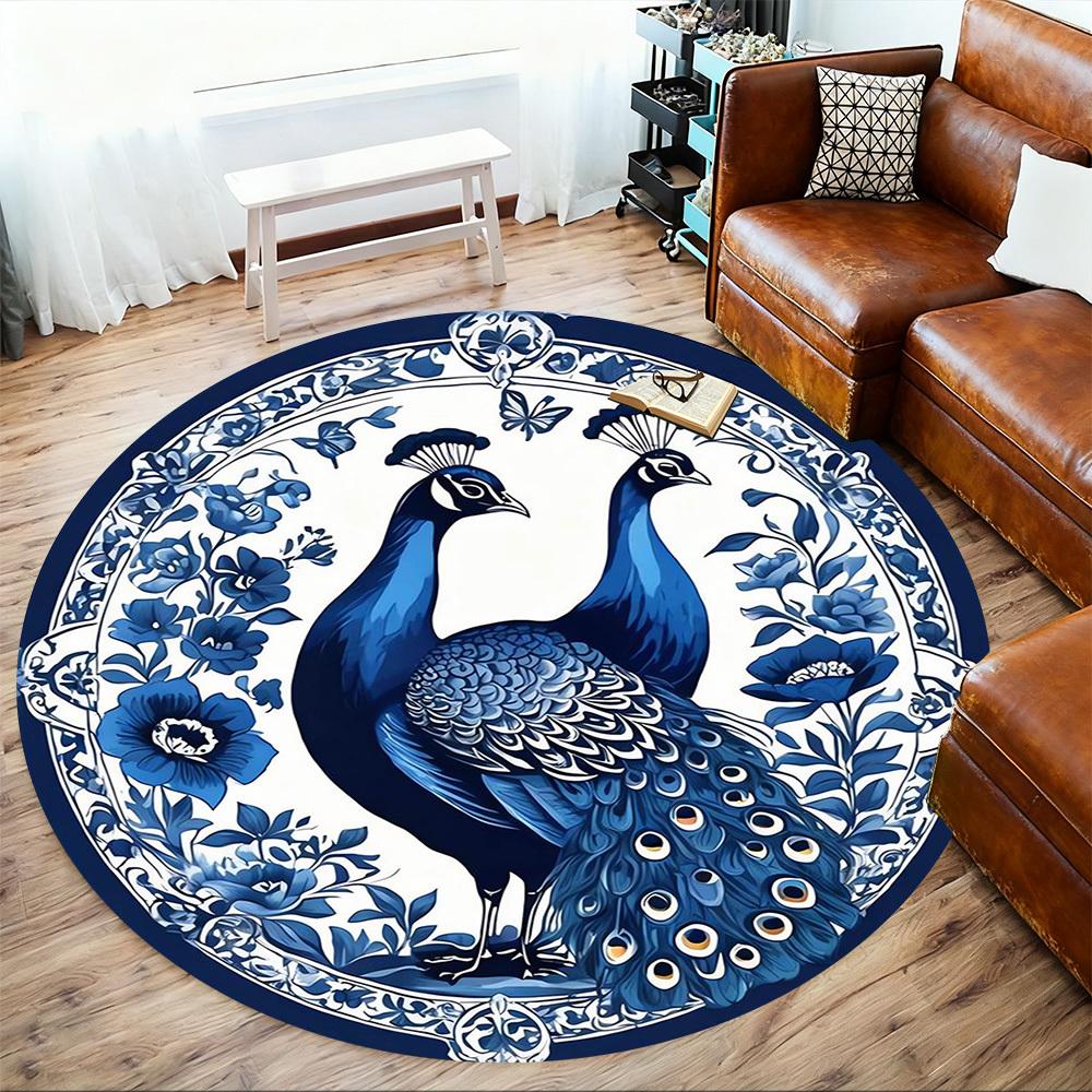 1pc Peacock Floral Round Chair mat Area Rug - Non-Slip, Floor Mat for Office, Bedroom, and Indoor Decor -1002226