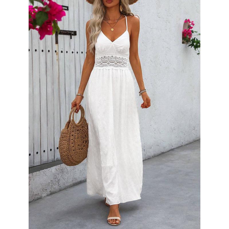 Women s lace neck halter V-neck waist dress, holiday wear, women s summer fresh and fashionable clothing S