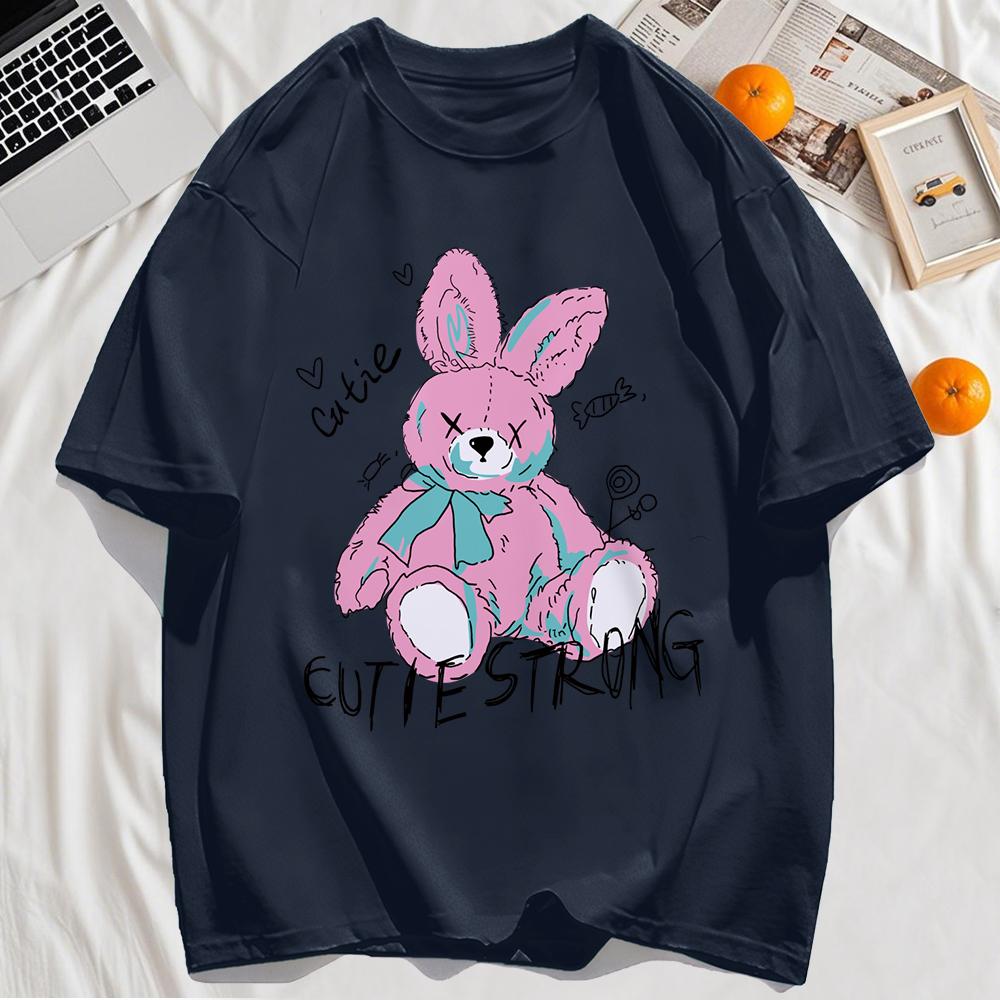 Lovely Plush Doll Rabbit Print Mens T-Shirt Cotton Short Sleeve Summer Loose Casual T Shirt Soft Clothes