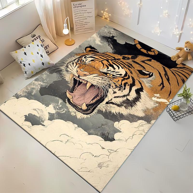 Fierce Tiger Printed Carpet with Clouds, Modern Animal Design Rug Suitable for Use As an Anti-slip for Living Room Bedroom Sofas