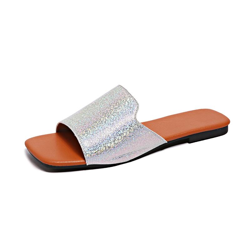 Slippers Casual Square Toe Rhinestone Shoes Flat-bottomed Flip-flops In One Line