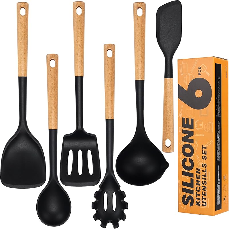 Silicone Cooking Utensils Set, Heat Resistance Large Kitchen Utensils Set with Long Wooden Handle, BPA-free Silicone Spatula, 6 Pcs Cooking Spoons