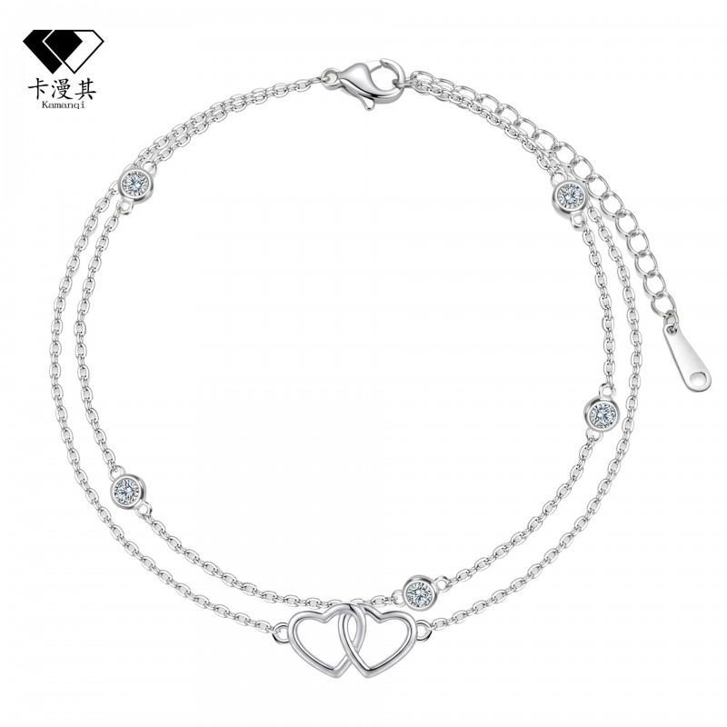 Elegant Double Layer Heart Charm Bracelet Women Plated Copper Minimalist Jewelry Gift Silver