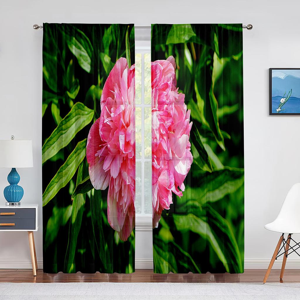Tüllvorhänge mit rosa Pfingstrose und grünen Blättern für Wohnzimmer, Heimdekoration, Fenstervorhang, Küche, transparenter Voile-Vorhang