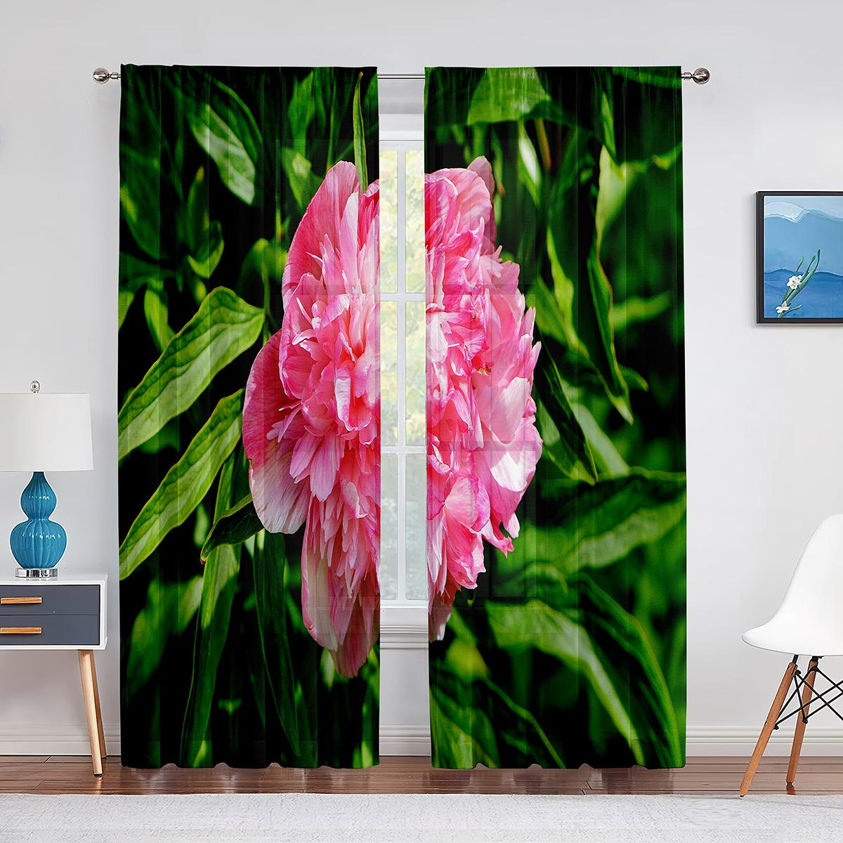 Тюлевые шторы с розовым пионом и зелеными листьями для гостиной — фото 14