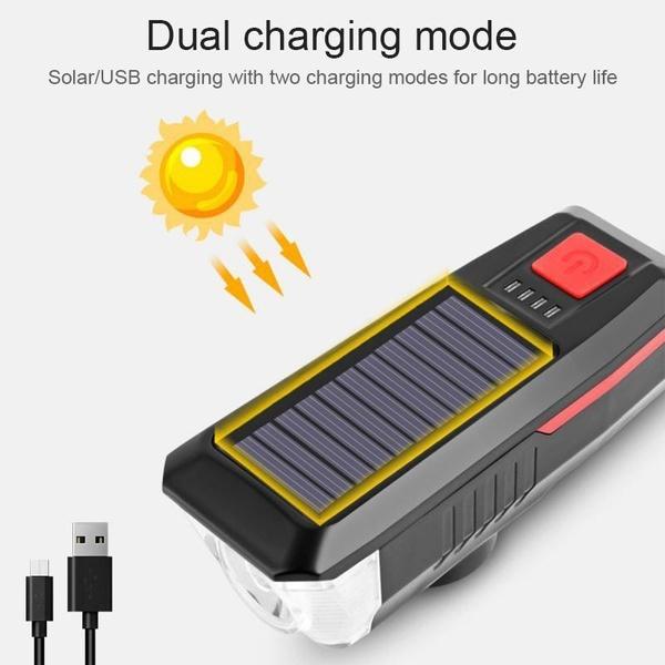Lampă solară pentru bicicletă, reîncărcabilă prin USB, set de lumină și claxon pentru bicicletă, 3 moduri pentru echipamentul de călărit de noapte