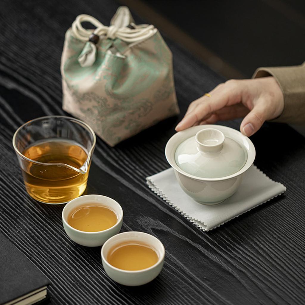 MiniMood 3-Piece Portable Ceramic Chinese Tea Set for Travel, Includes One Tea Pot and Two Cups, with Built-in Storage Bag, Suitable for Home,