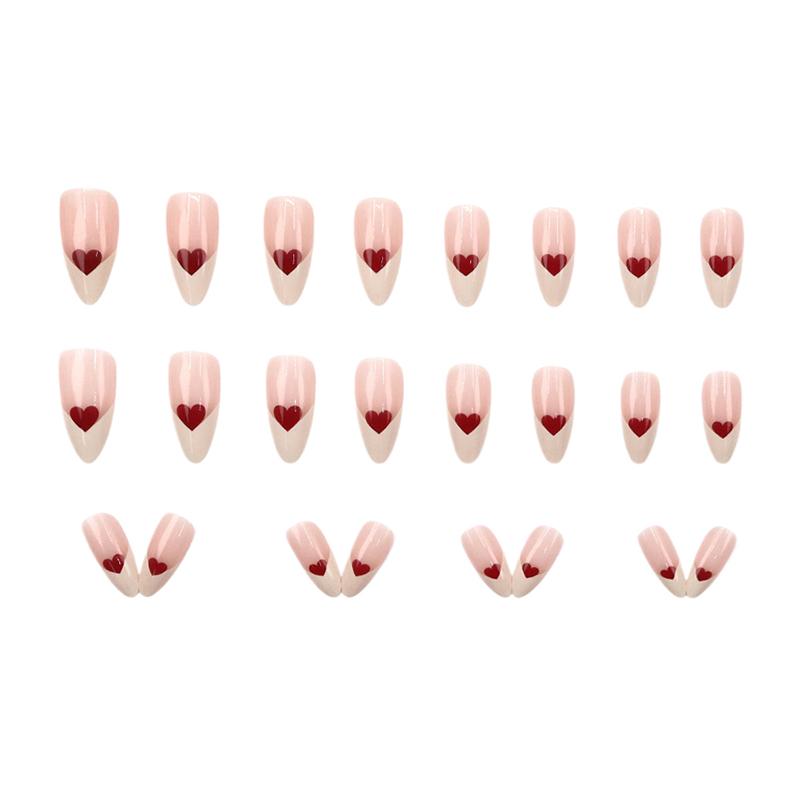 24Pcs Lovely French Heart Love False Nails With Jelly Adhesive Detachable Fake Fingernails Full Cover Press On Nails