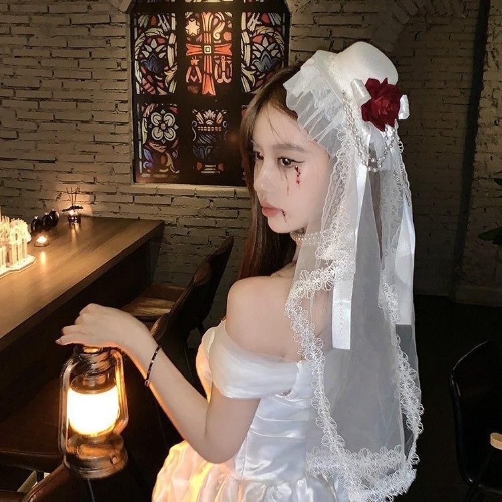 Women Flowers Bow Decor Gothic Veil Rose Top Hat Cosplay Costume Gothic Dark Mini Top Hat Gift Black or White Lolita Headdress