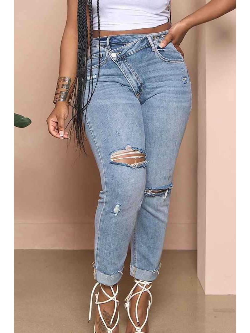 2025 Women s Ripped High-Waisted Slim Fit Jeans with Small Leg Design - New Style Medium