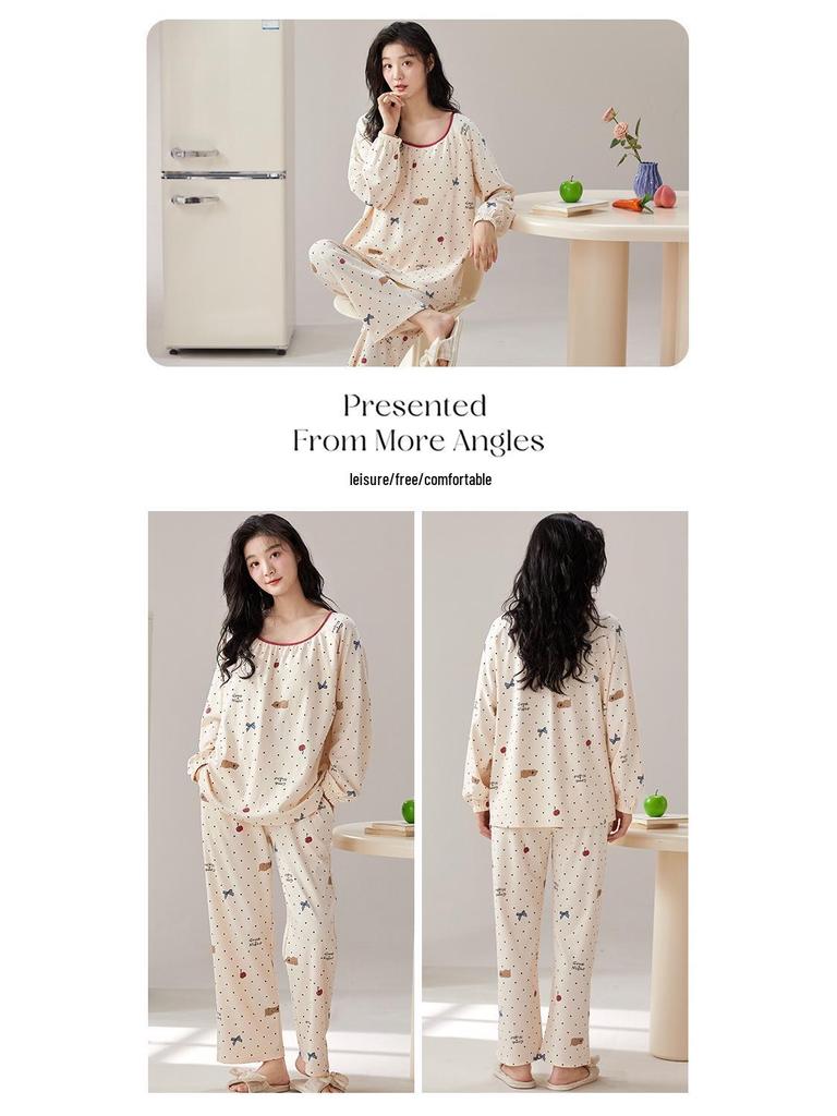 Dámské bavlněné pyžamo s dlouhým rukávem s kresleným potiskem na rok 2024: Tenký, nositelný venku, ideální pro podzim/zimu/jaro