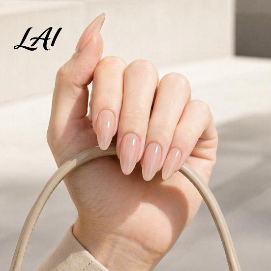 Natural Press-On Nails 24Pcs Women Nude Press on Nails Glossy Almond Stick-on Fake Full Cover Long Glue False Pre-shaped