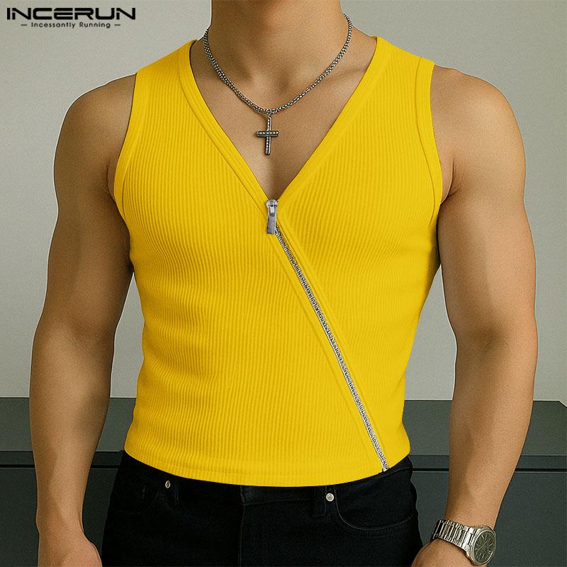 INCERUN Men V Neck Sleeveless Zip-up Casual Fitted Rib Tank Tops